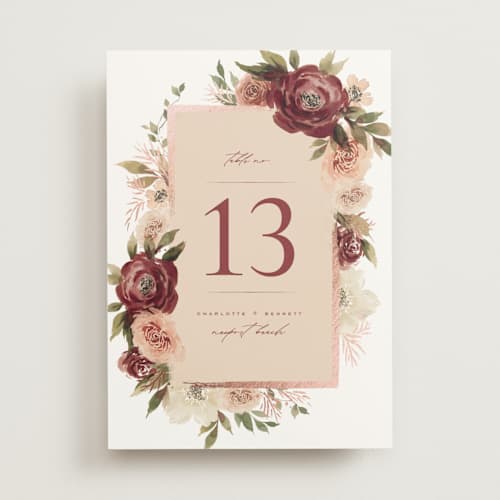 This is a peony table numbers with foil pressed by Wildfield Paper Co called romantic frame printing on doublethick in standard