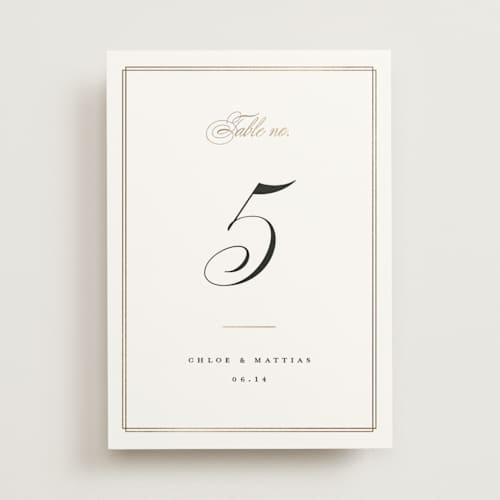 This is a linen table numbers with foil pressed by Erica Krystek called timeless printing on doublethick in standard