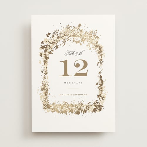 This is a honeysuckle table numbers with foil pressed by Leah Bisch called heritage printing on doublethick in standard