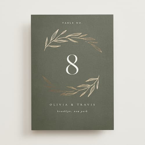 This is a moss table numbers with foil pressed by Kelly Schmidt called leaves printing on doublethick in standard
