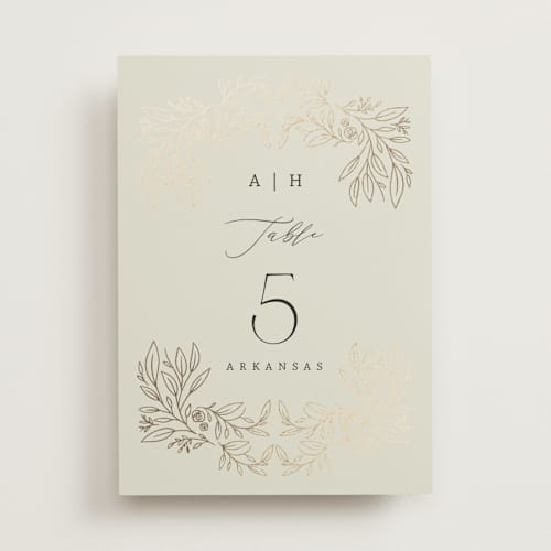 This is a taupe table numbers with foil pressed by Hannah Williams called foil botanical frame printing on doublethick in standard