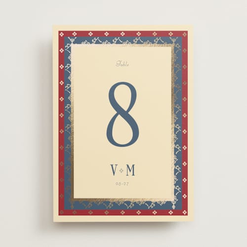 This is a navy table numbers with foil pressed by Baumbirdy called woven printing on doublethick in standard