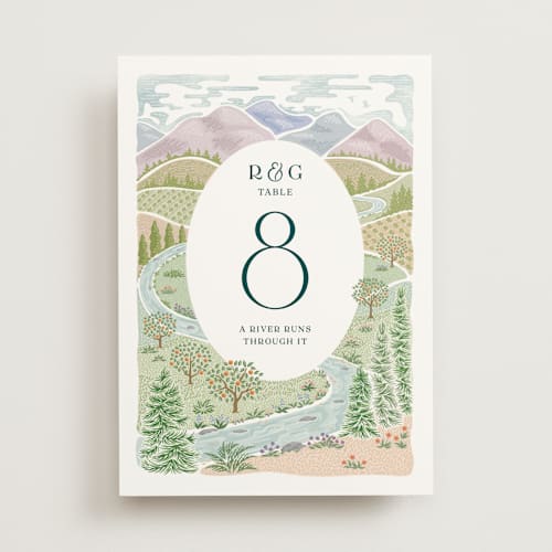 This is a pine table numbers with standard by Paper Sun Studio called river valley printing on doublethick in standard