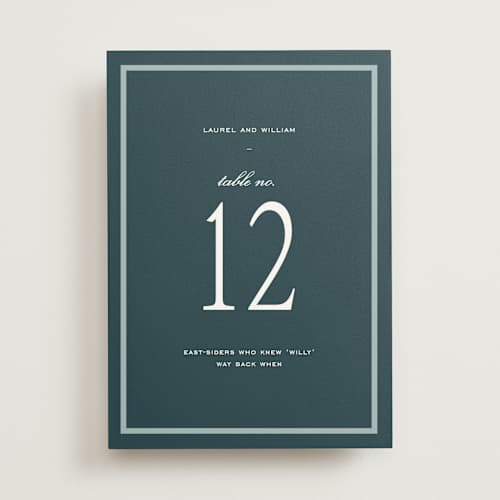 This is a teal table numbers with standard by Sara Hicks Malone called dewberry printing on doublethick in standard