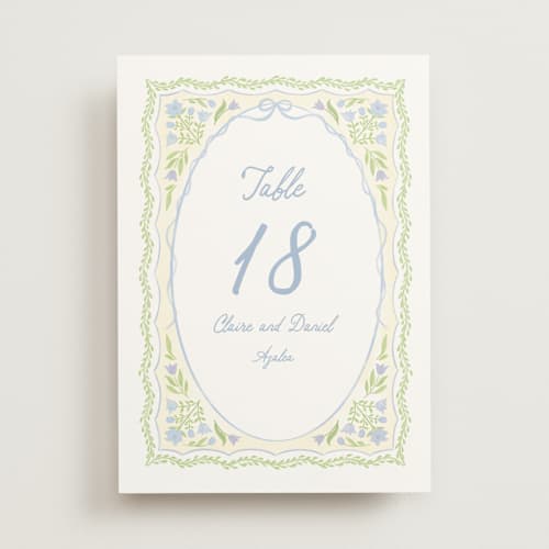 This is a powder blue table numbers with standard by Creo Study called folk garden printing on doublethick in standard