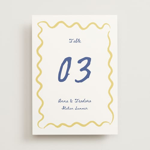 This is a cobalt table numbers with standard by Helena Vitto called amore mio printing on doublethick in standard