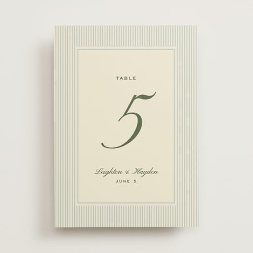 This is a pale blue table numbers with standard by Ellen Schlegelmilch called hayden printing on doublethick in standard