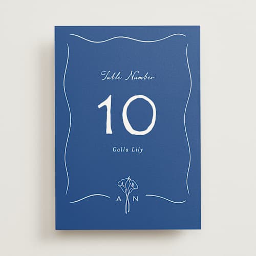 This is a cobalt table numbers with standard by Leah Bisch called pair of calla lilies printing on doublethick in standard