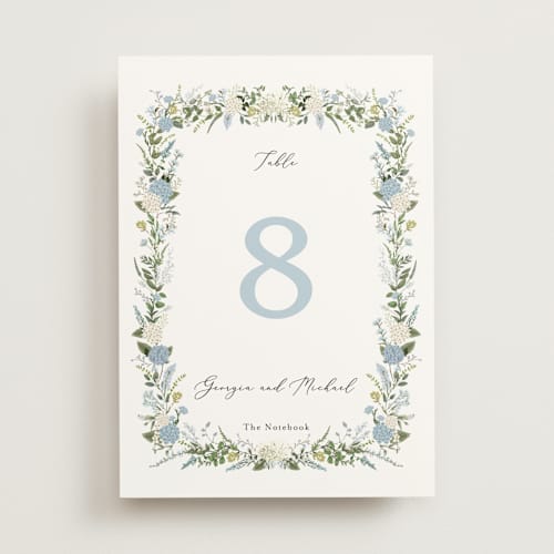 This is a coastal table numbers with standard by Susan Moyal called hydrangea vine printing on doublethick in standard
