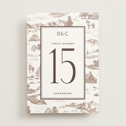 This is a leather table numbers with standard by Jenna Holcomb called mountain ranch toile printing on doublethick in standard