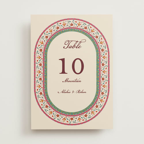 This is a ivory table numbers with standard by Sherley Ferreira called mughal gardens printing on doublethick in standard