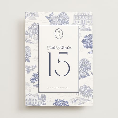 This is a periwinkle table numbers with standard by Jenna Holcomb called southern charm toile printing on doublethick in standard