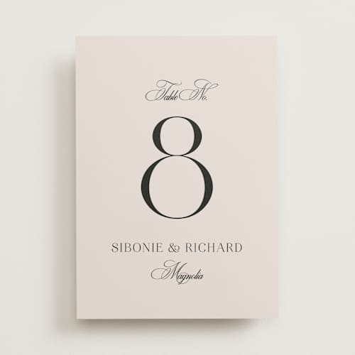 This is a ivory table numbers with standard by Melanie Kosuge called sibonie printing on doublethick in standard