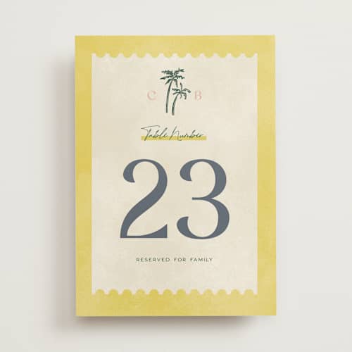 This is a island citrus table numbers with standard by Pixel and Hank called coastal drift printing on doublethick in standard