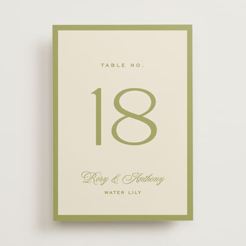 This is a olive table numbers with standard by Ellen Schlegelmilch called rory printing on doublethick in standard