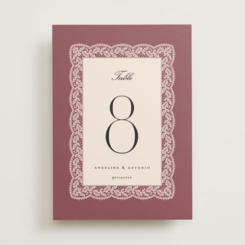 This is a mauve table numbers with standard by Erica Krystek called chantilly printing on doublethick in standard