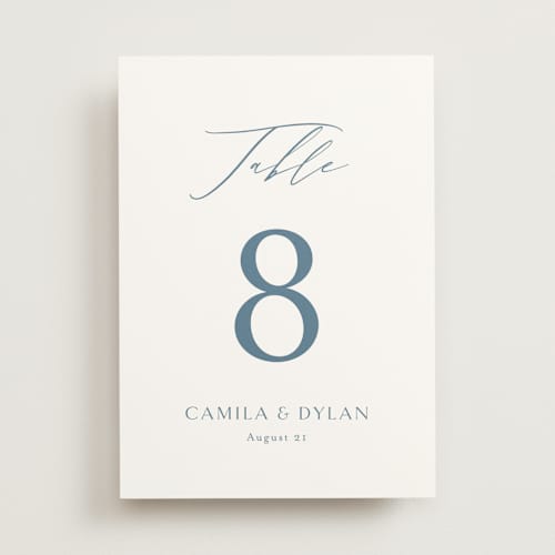 This is a dusty blue table numbers with standard by Jennifer Postorino called graceful printing on doublethick in standard
