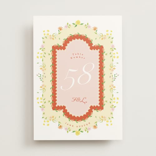 This is a sunset table numbers with standard by Phrosné Barwood called verona sunrise pergula printing on doublethick in standard