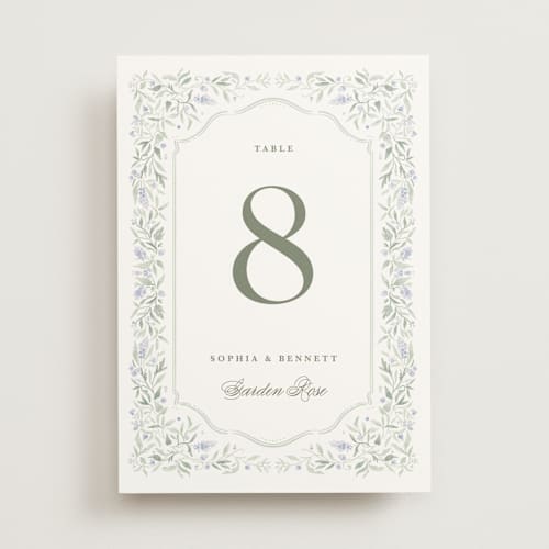 This is a periwinkle table numbers with standard by Kristen Smith called delicate vines printing on doublethick in standard
