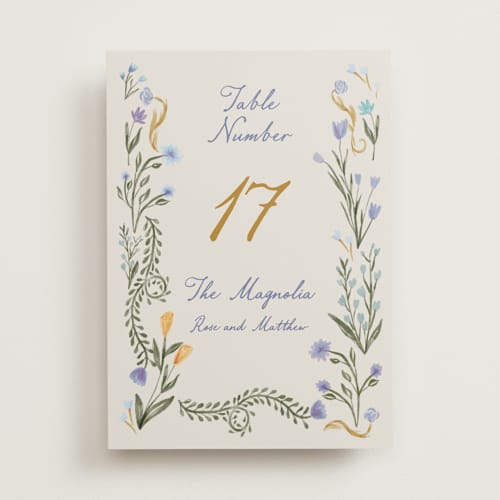 This is a cornflower table numbers with standard by Maja Cunningham called chantilly printing on doublethick in standard