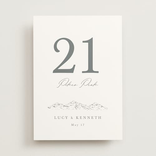 This is a pewter table numbers with standard by Sarah Brown called mountainview printing on doublethick in standard