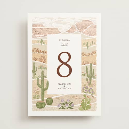 This is a red rock table numbers with standard by Paper Sun Studio called westward printing on doublethick in standard
