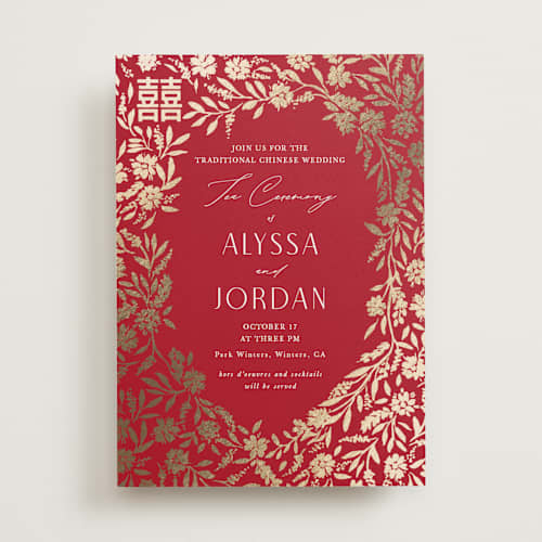 This is a ruby foil stamped wedding invitations with foil pressed by Yaling Hou Suzuki called garden vines printing on signature in standard