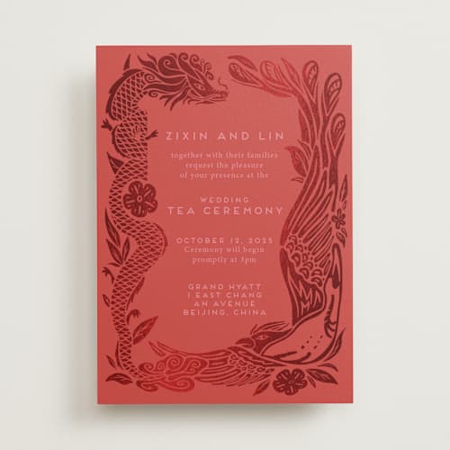 This is a ruby foil stamped wedding invitations with foil pressed by Ghia Designs called fiery printing on signature in standard