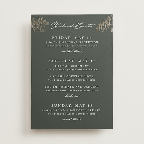 This is a hunter ceremony reception essentials with foil pressed by Sarah Brown called peaks printing on signature in 5x7