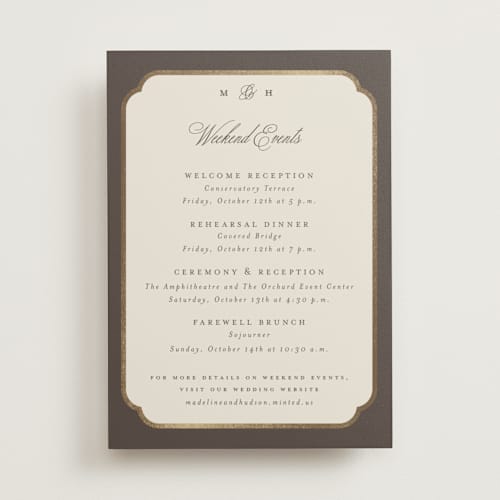 This is a cognac ceremony reception essentials with foil pressed by Emily Betts called arch frame printing on signature in standard