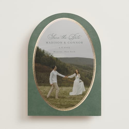 This is a rosemary foil stamped save the date cards with foil pressed by Emily Betts called vintage oval printing on recycled smooth signature in standard