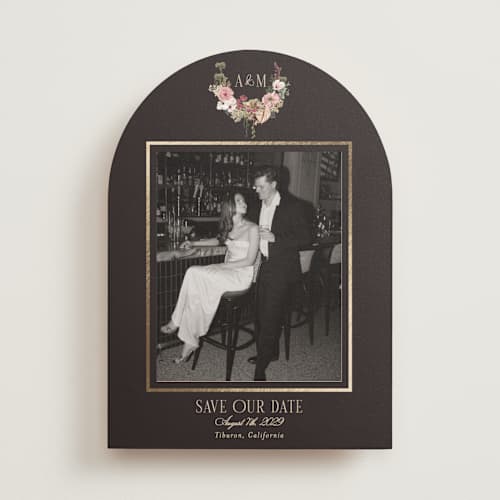 This is a blush foil stamped save the date cards with foil pressed by Susan Moyal called flouriishing printing on recycled smooth signature in standard