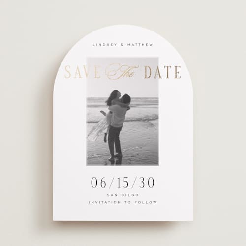 This is a noir foil stamped save the date cards with foil pressed by Jennifer Postorino called layered printing on recycled smooth signature in standard