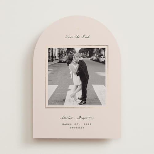This is a champagne foil stamped save the date cards with foil pressed by Paper Raven Co. called little heart printing on recycled smooth signature in standard