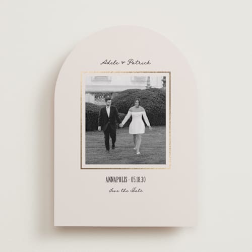 This is a cameo foil stamped save the date cards with foil pressed by Kristen Juckiewicz called treasured printing on recycled smooth signature in standard