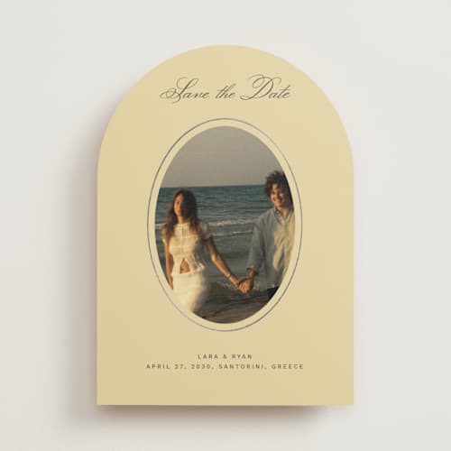 This is a butter foil stamped save the date cards with foil pressed by Ani Somi called finer things printing on recycled smooth signature in standard