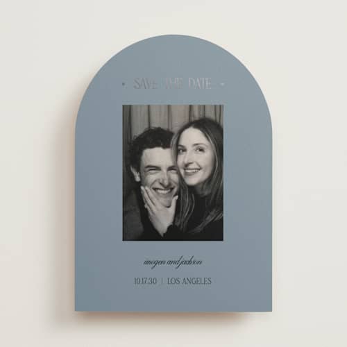 This is a celestial foil stamped save the date cards with foil pressed by Kelly Watkins called so luxe printing on recycled smooth signature in standard
