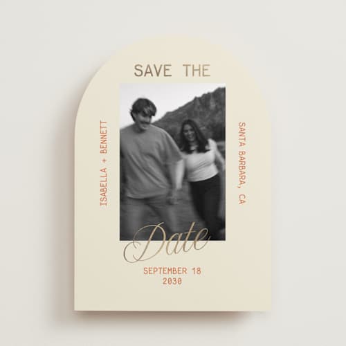This is a persimmon foil stamped save the date cards with foil pressed by Roseberry called bennett printing on recycled smooth signature in standard