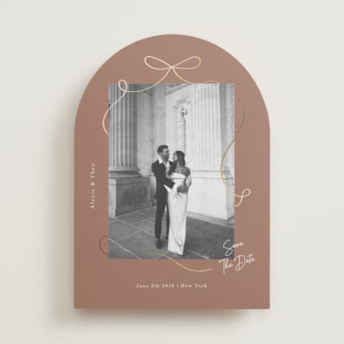 This is a coffee foil stamped save the date cards with foil pressed by Elly called gentle bow printing on recycled smooth signature in standard