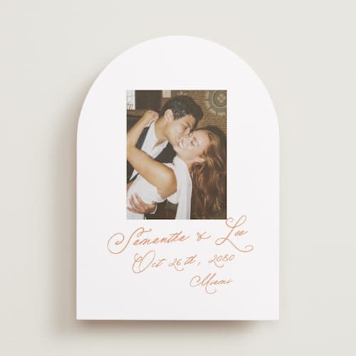 This is a peach save the date with standard by AK Graphics called flourishing printing on recycled smooth signature in standard