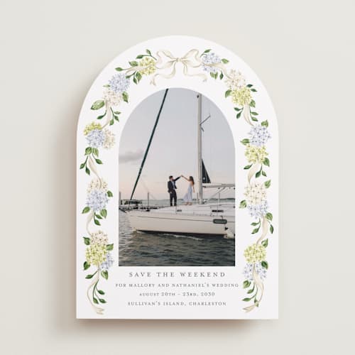 This is a coastline save the date with standard by Sarah Knight called coastal hydrangea printing on recycled smooth signature in standard