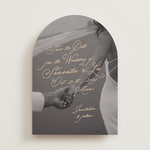 This is a wheat save the date with standard by AK Graphics called twirl printing on recycled smooth signature in standard
