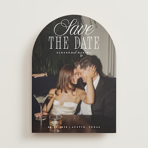 This is a porcelain save the date with standard by Maria Alou called his & hers printing on recycled smooth signature in standard