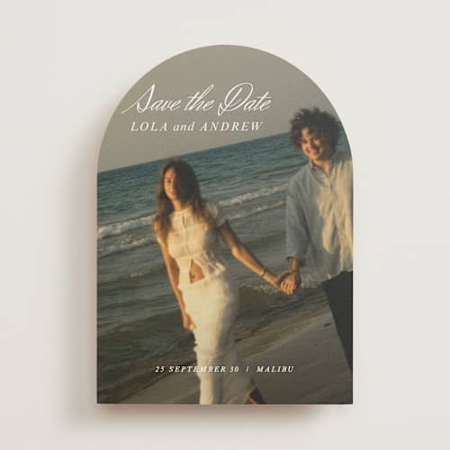 This is a pearl save the date with standard by Stacey Day called essence printing on recycled smooth signature in standard