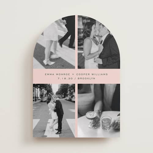 This is a pink grapefruit save the date with standard by Kristie Kern called toast printing on recycled smooth signature in standard