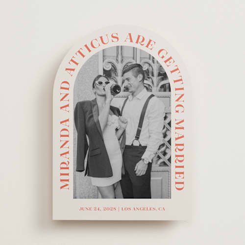 This is a persimmon save the date with standard by Sarah Cohn called surrounding printing on recycled smooth signature in standard