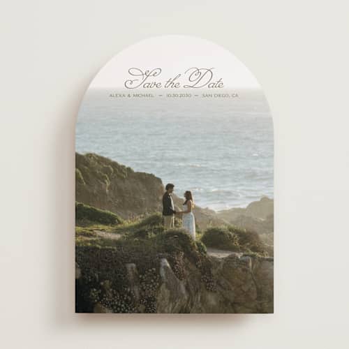 This is a moss save the date with standard by Casey Miller called quiet horizon printing on recycled smooth signature in standard