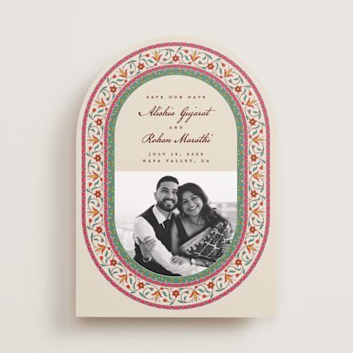 This is a ivory save the date with standard by Sherley Ferreira called mughal gardens printing on recycled smooth signature in standard