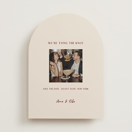 This is a burgundy save the date with standard by Ani Somi called center cut printing on recycled smooth signature in standard
