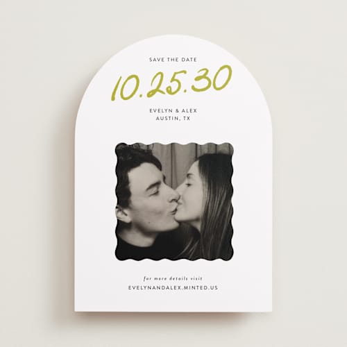 This is a chartreuse save the date with standard by Sarah Brown called cascade printing on recycled smooth signature in standard